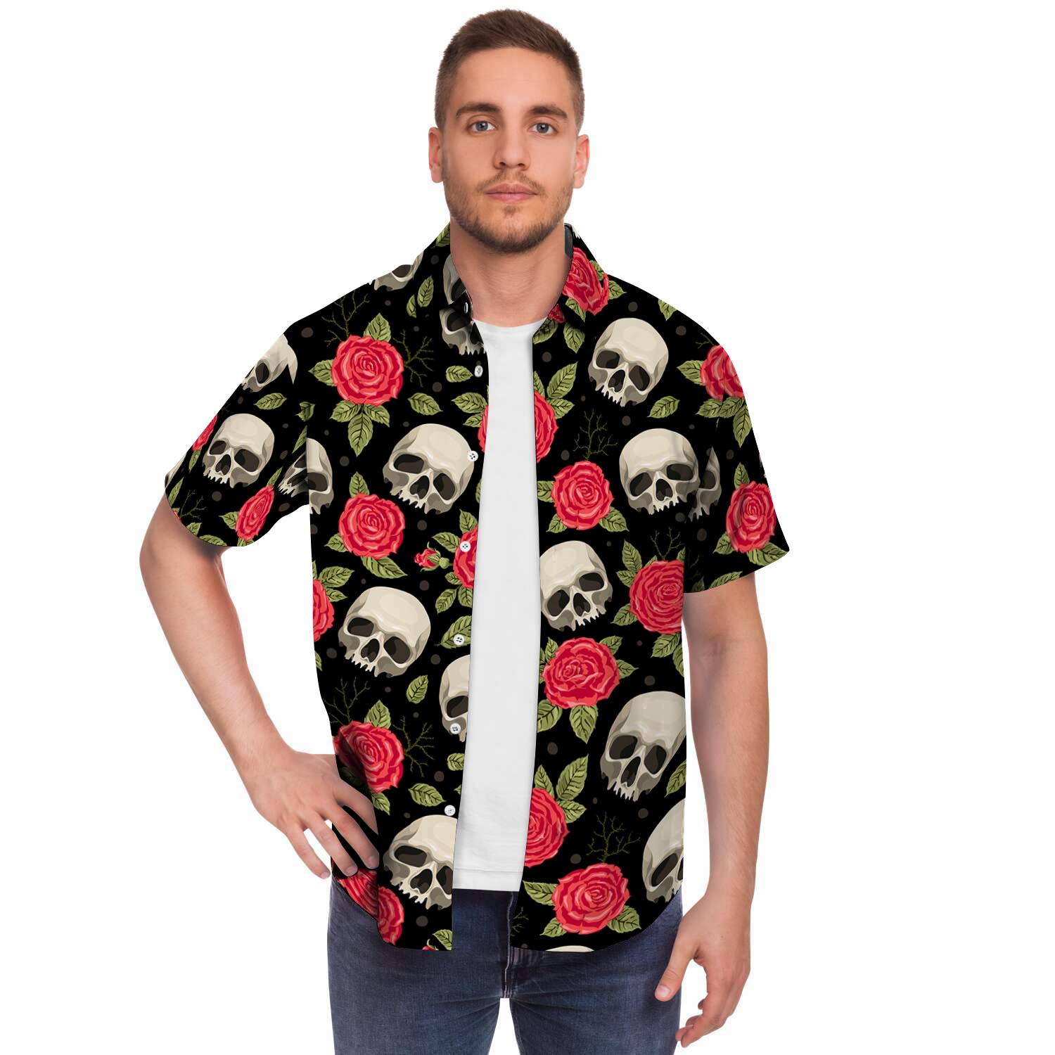 Rose Skull Men Print Short Sleeve Button-Up Shirts