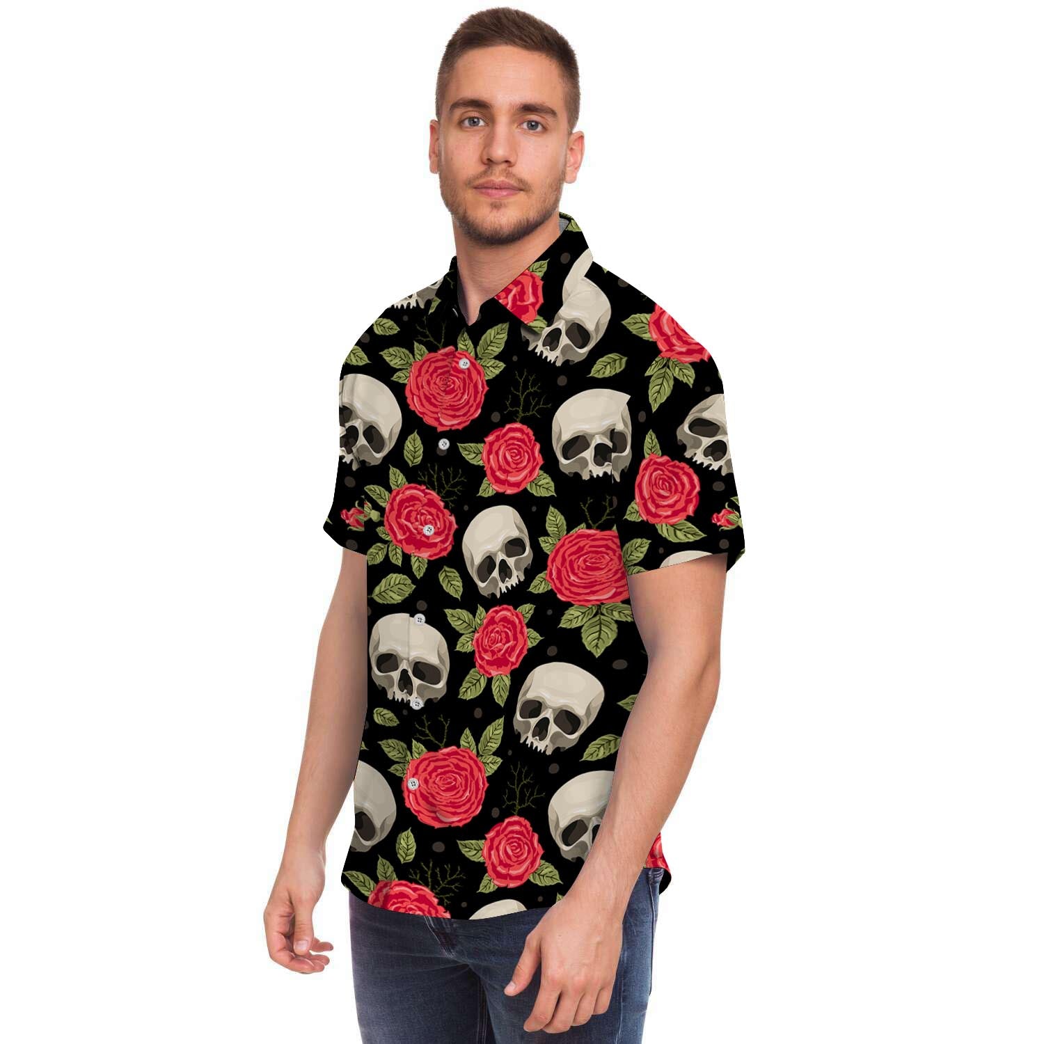 Rose Skull Men Print Short Sleeve Button-Up Shirts