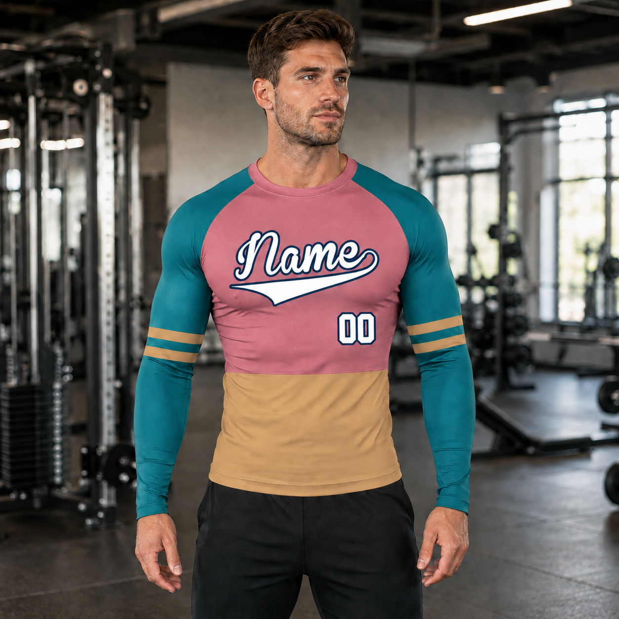 Horizontal Colorblock Pink Primary Orange Accent Customizable Long Sleeve Compression Shirt