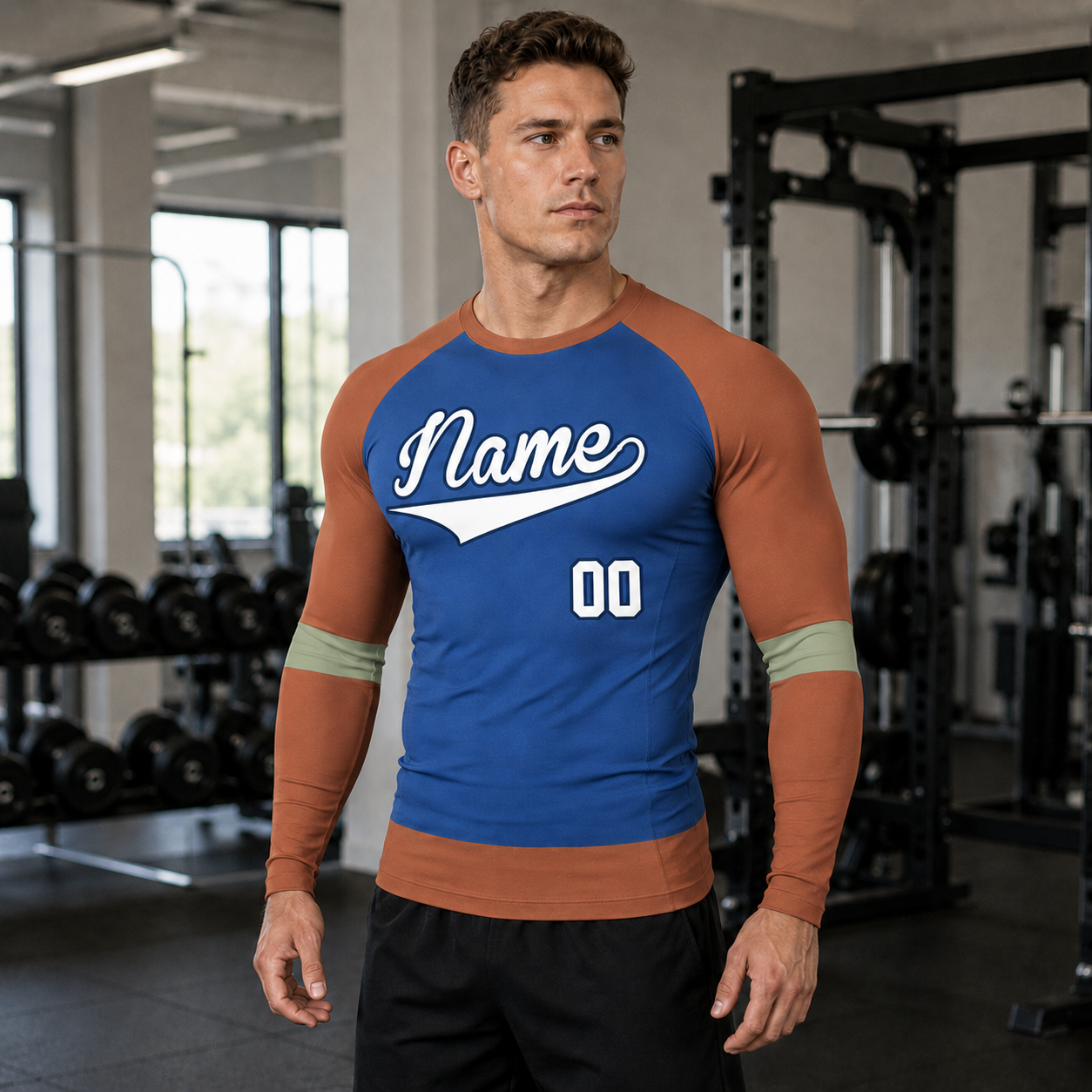 Sage Raglan Colorblock Royal Blue Customizable Long Sleeve Compression Shirt