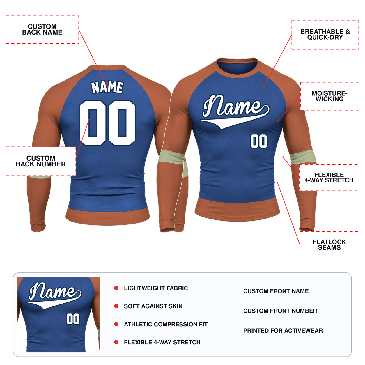 Sage Raglan Colorblock Royal Blue Customizable Long Sleeve Compression Shirt