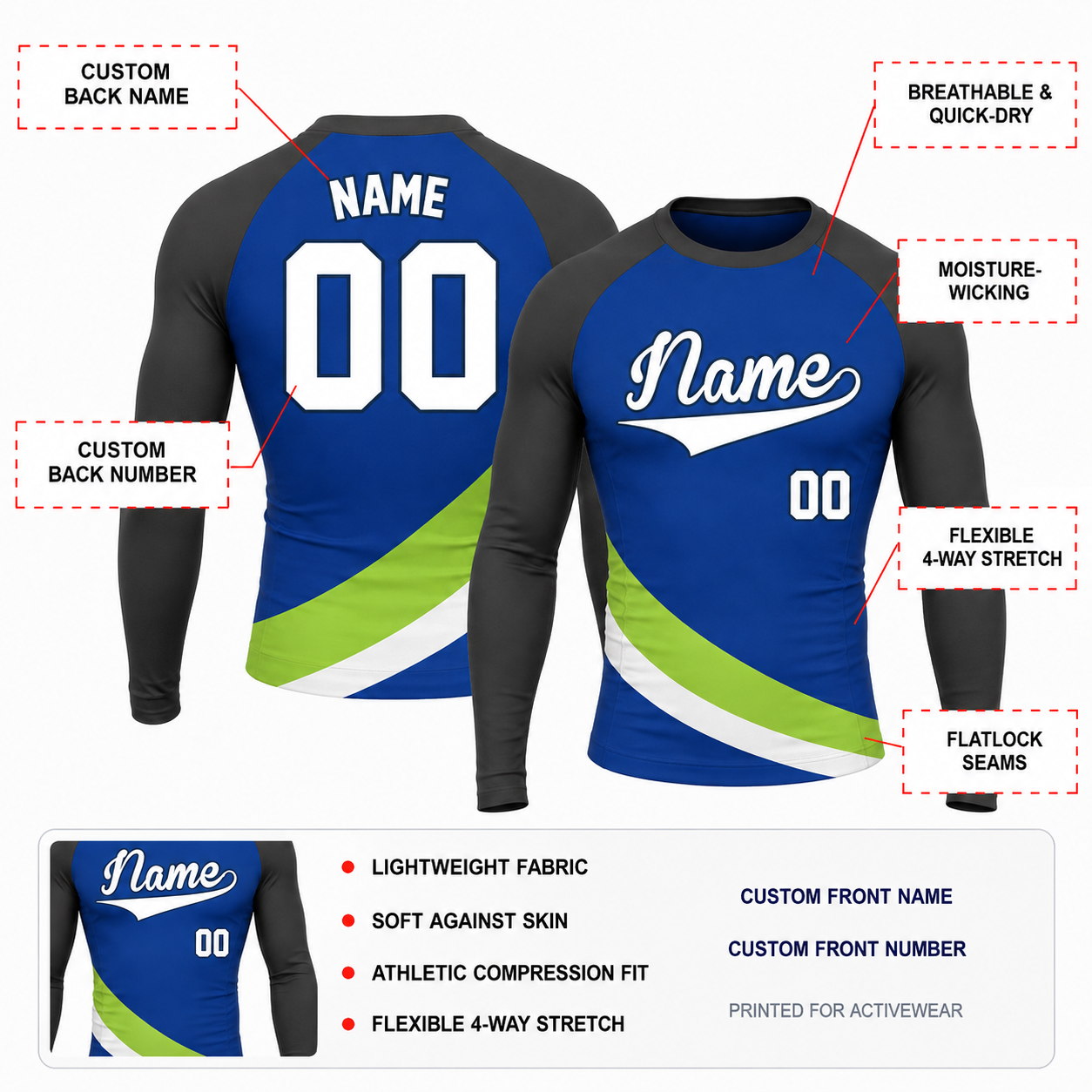 Curved Waist Bands Royal Blue Customizable Long Sleeve Compression Shirt