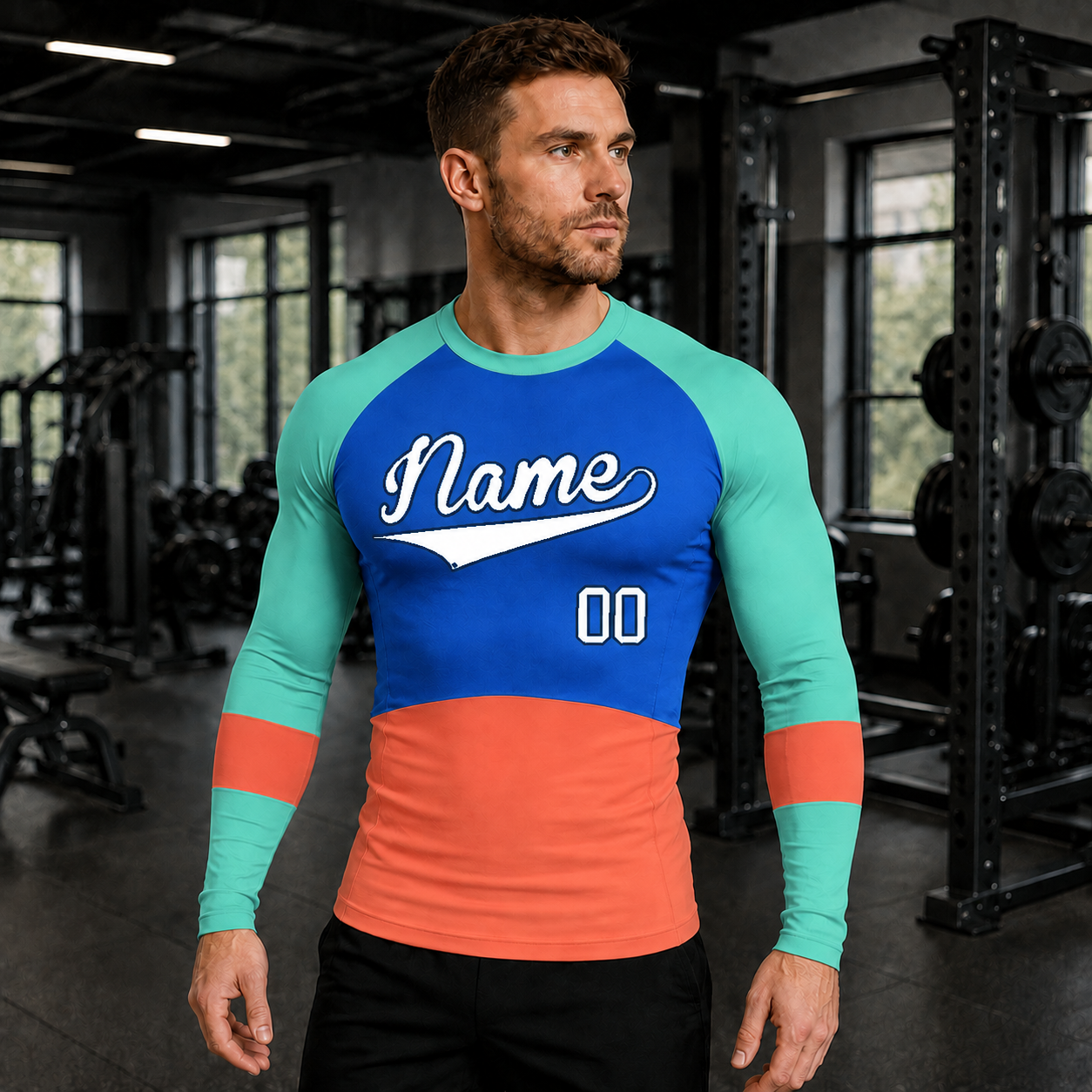 Horizontal Colorblock Royal Blue Customizable Long Sleeve Compression Shirt
