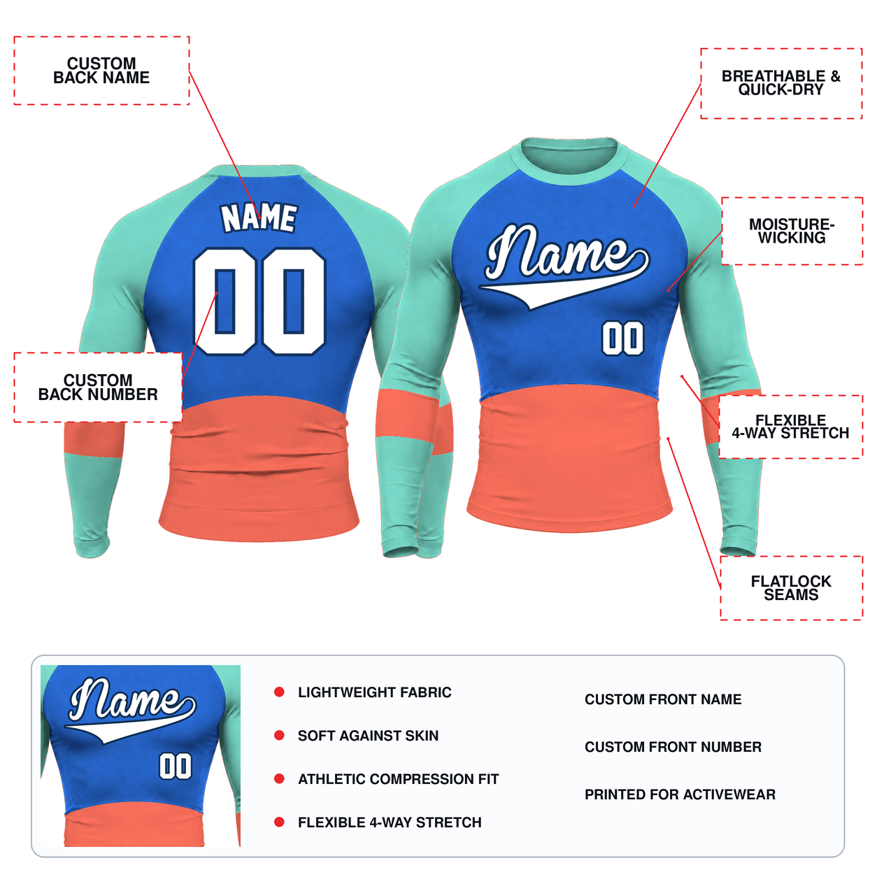 Horizontal Colorblock Royal Blue Customizable Long Sleeve Compression Shirt