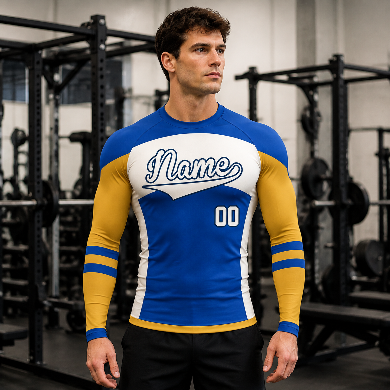 Side Panel Royal Blue Primary Orange Accent Customizable Long Sleeve Compression Shirt
