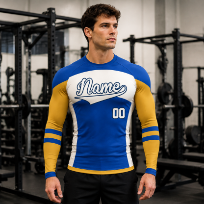 Side Panel Royal Blue Primary Orange Accent Customizable Long Sleeve Compression Shirt