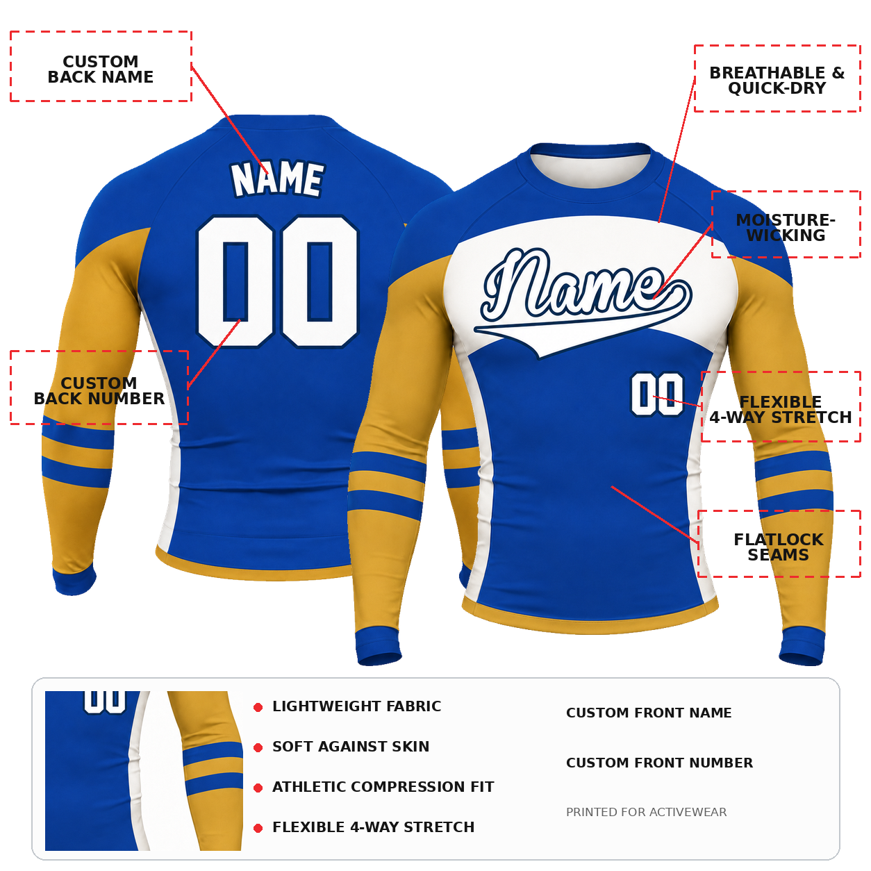Side Panel Royal Blue Primary Orange Accent Customizable Long Sleeve Compression Shirt