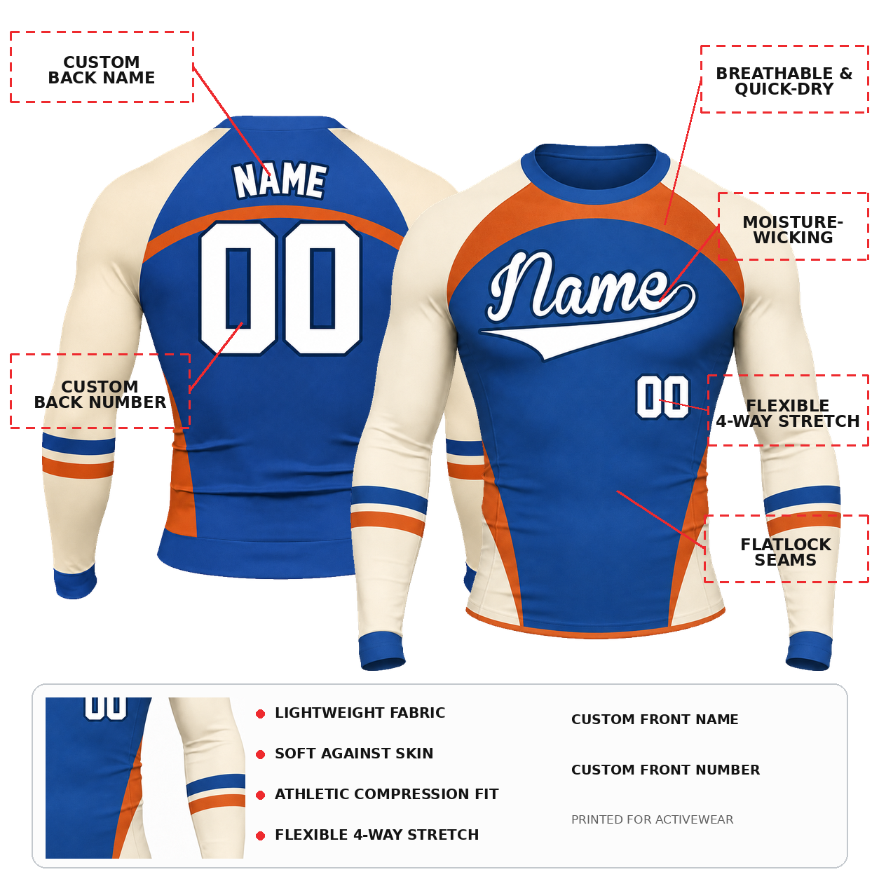 Side Panel Royal Blue Primary White Accent Customizable Long Sleeve Compression Shirt