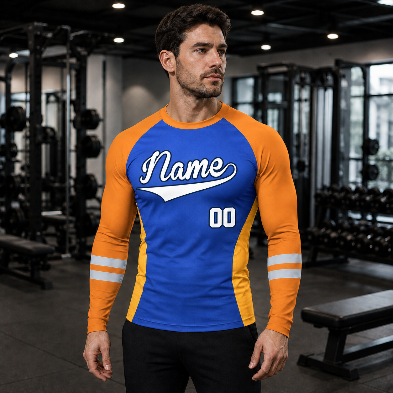 Side Panel Double Stripe Royal Blue Customizable Long Sleeve Compression Shirt