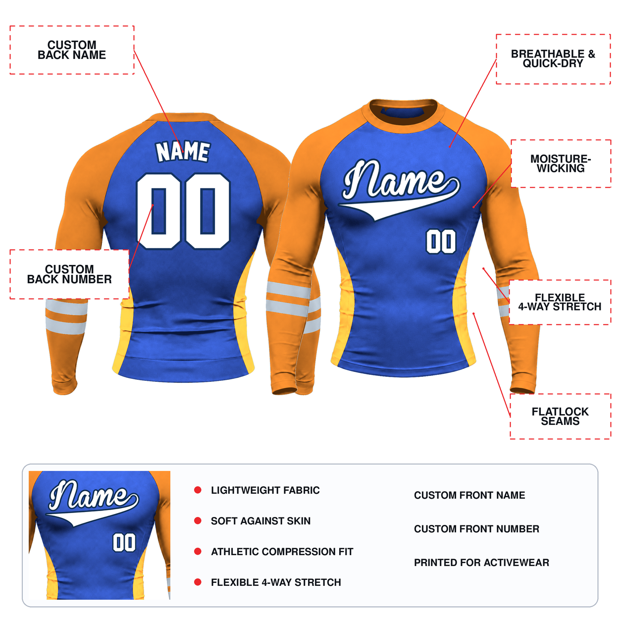 Side Panel Double Stripe Royal Blue Customizable Long Sleeve Compression Shirt