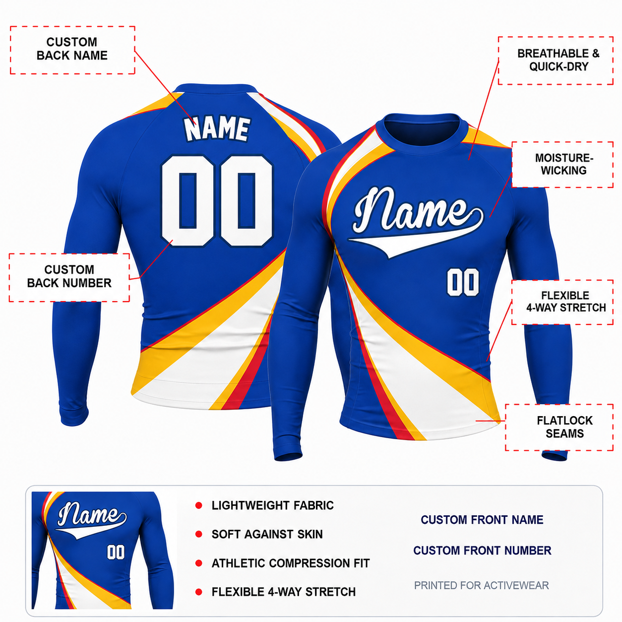 Diagonal Sash Royal Blue Primary White Accent Customizable Long Sleeve Compression Shirt