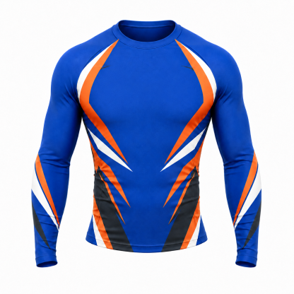 Lightning Stripe Royal Blue Primary Orange Navy Accents Customizable Long Sleeve Compression Shirt