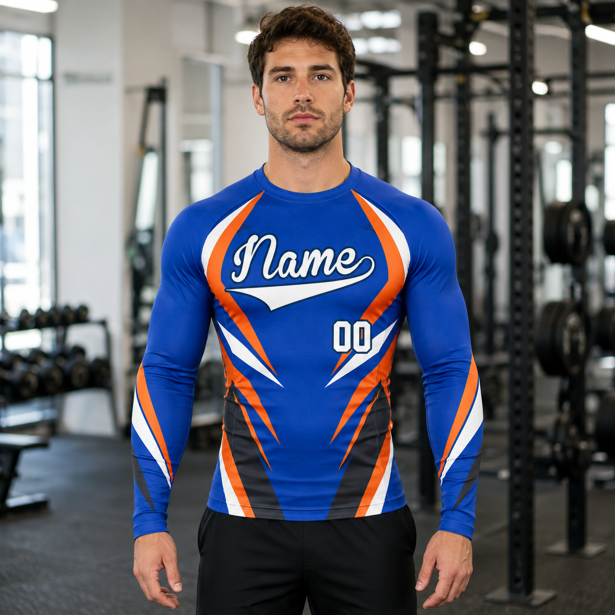 Lightning Stripe Royal Blue Primary Orange Navy Accents Customizable Long Sleeve Compression Shirt