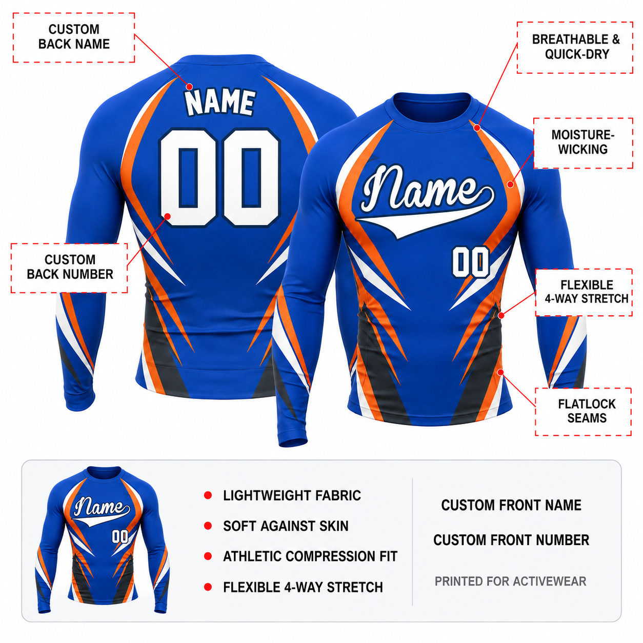 Lightning Stripe Royal Blue Primary Orange Navy Accents Customizable Long Sleeve Compression Shirt