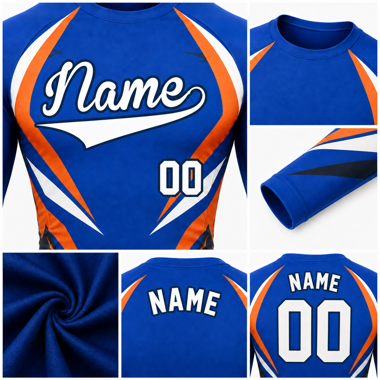 Lightning Stripe Royal Blue Primary Orange Navy Accents Customizable Long Sleeve Compression Shirt