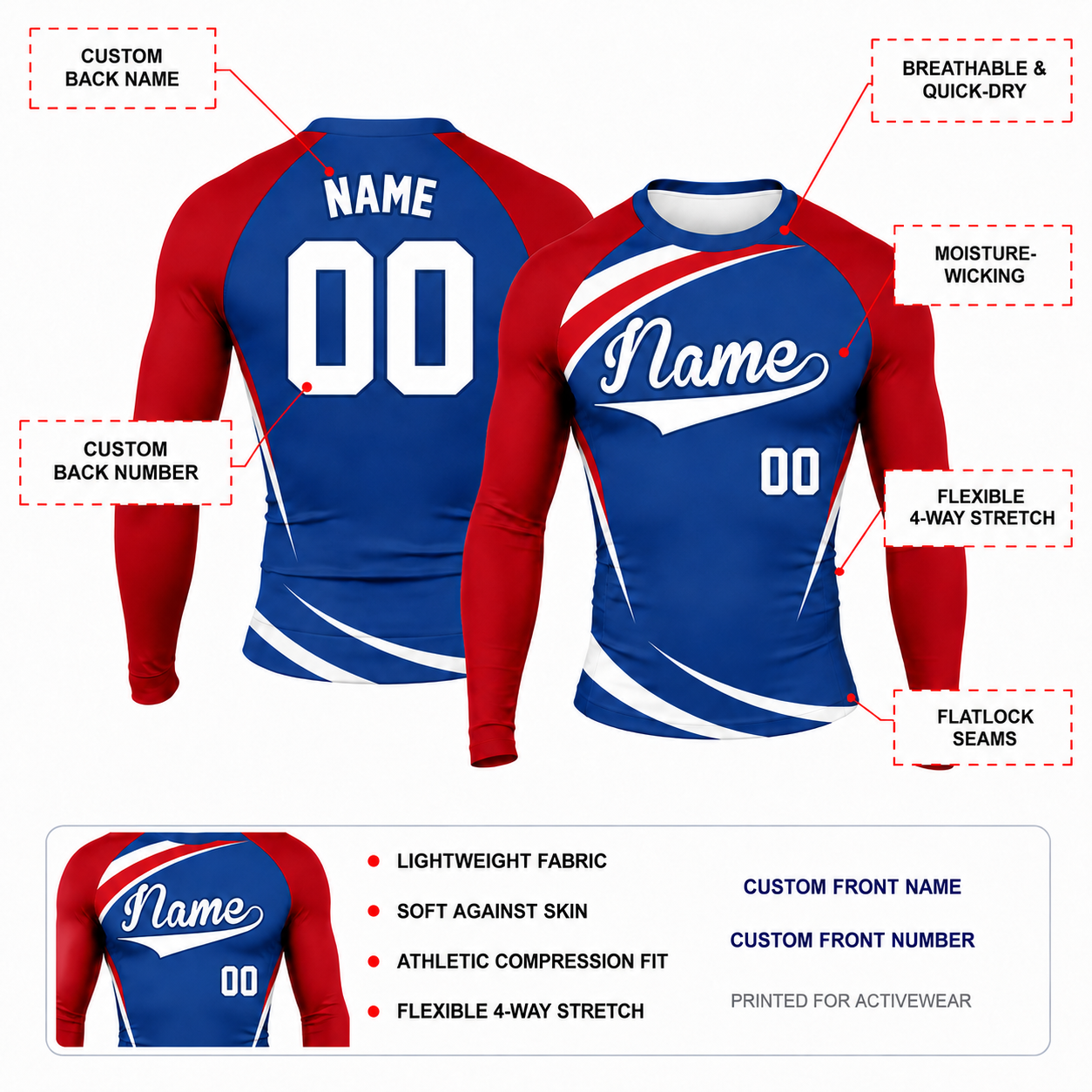 Curved Side Panel Royal Blue Customizable Long Sleeve Compression Shirt