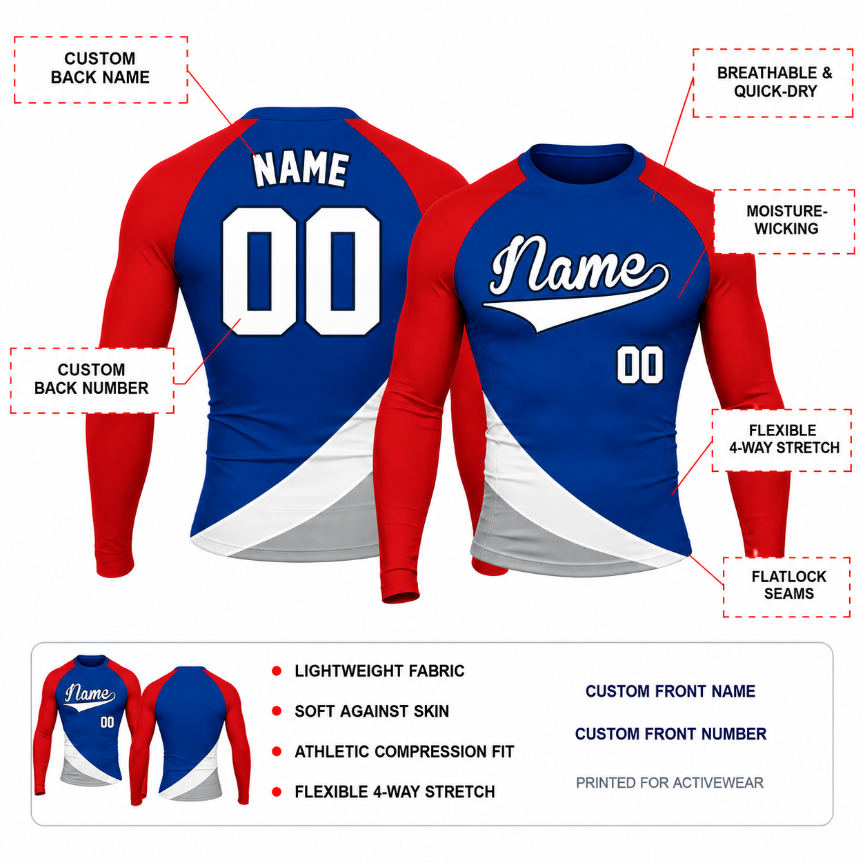 Sweeping Hem Royal Blue Customizable Long Sleeve Compression Shirt