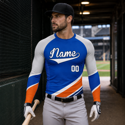 Diagonal Waist Stripe Royal Blue Customizable Long Sleeve Compression Shirt