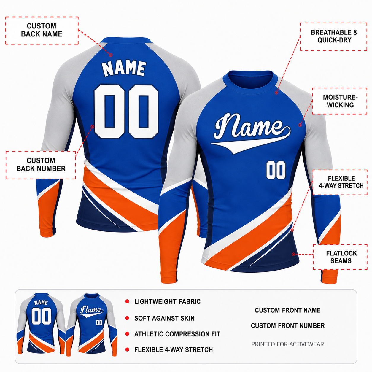 Diagonal Waist Stripe Royal Blue Customizable Long Sleeve Compression Shirt