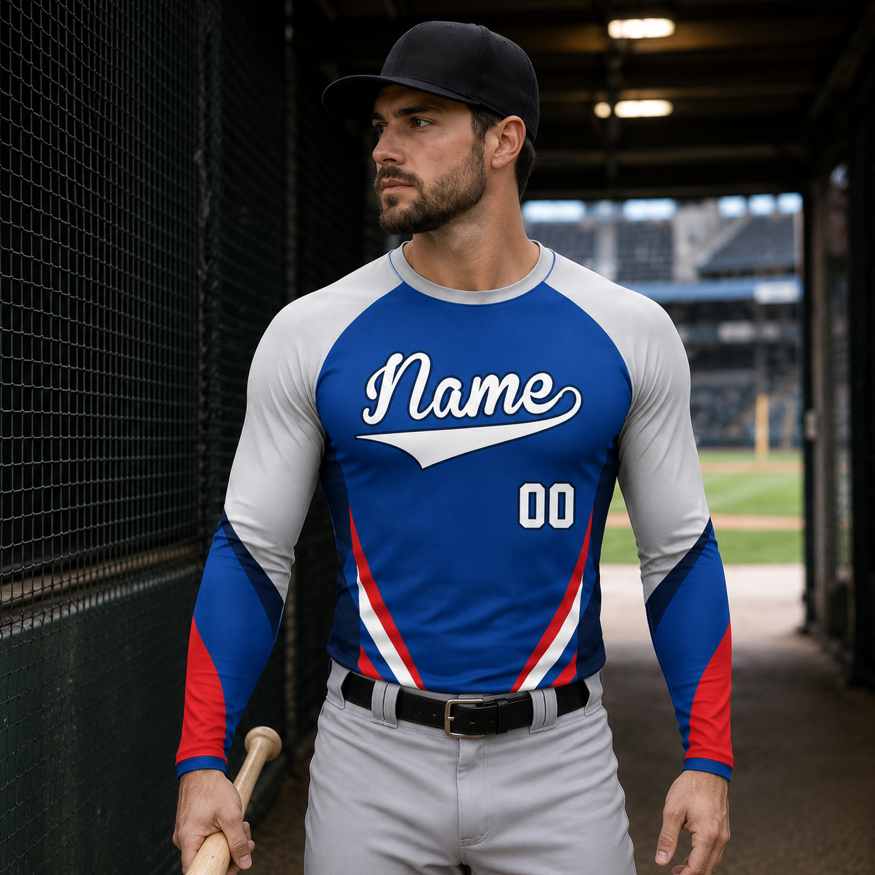 Tapered Side Stripes Royal Blue Customizable Long Sleeve Compression Shirt