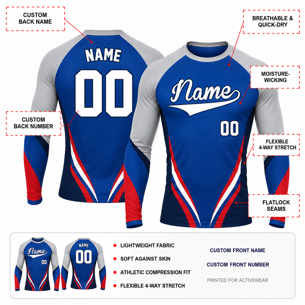 Tapered Side Stripes Royal Blue Customizable Long Sleeve Compression Shirt