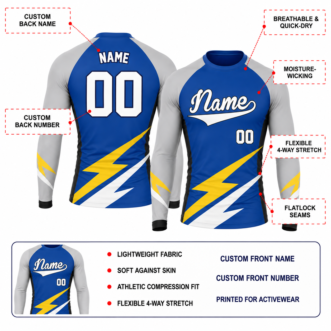 Lightning Sash Royal Blue Customizable Long Sleeve Compression Shirt