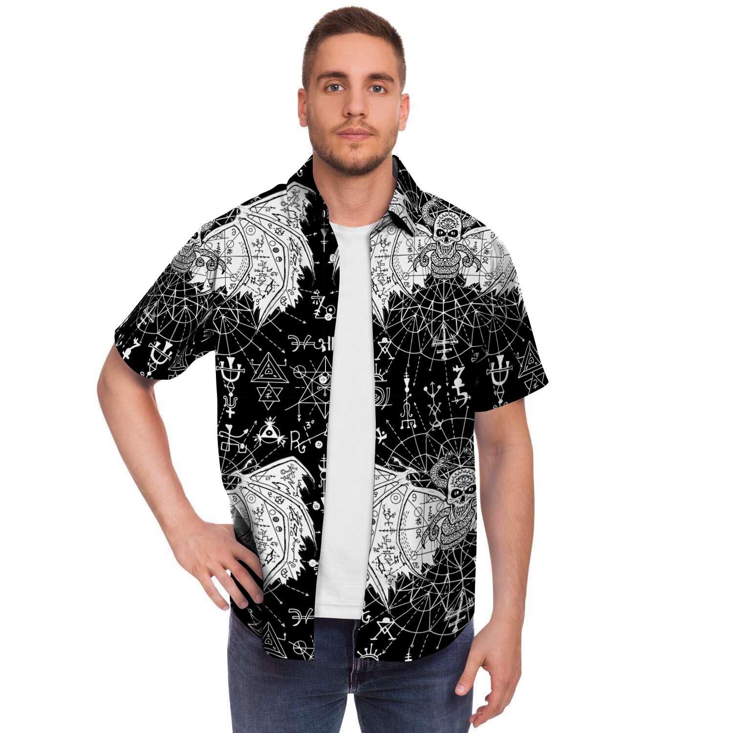 Satanic Demon Gothic Witch Men Print Short Sleeve Button-Up Shirts