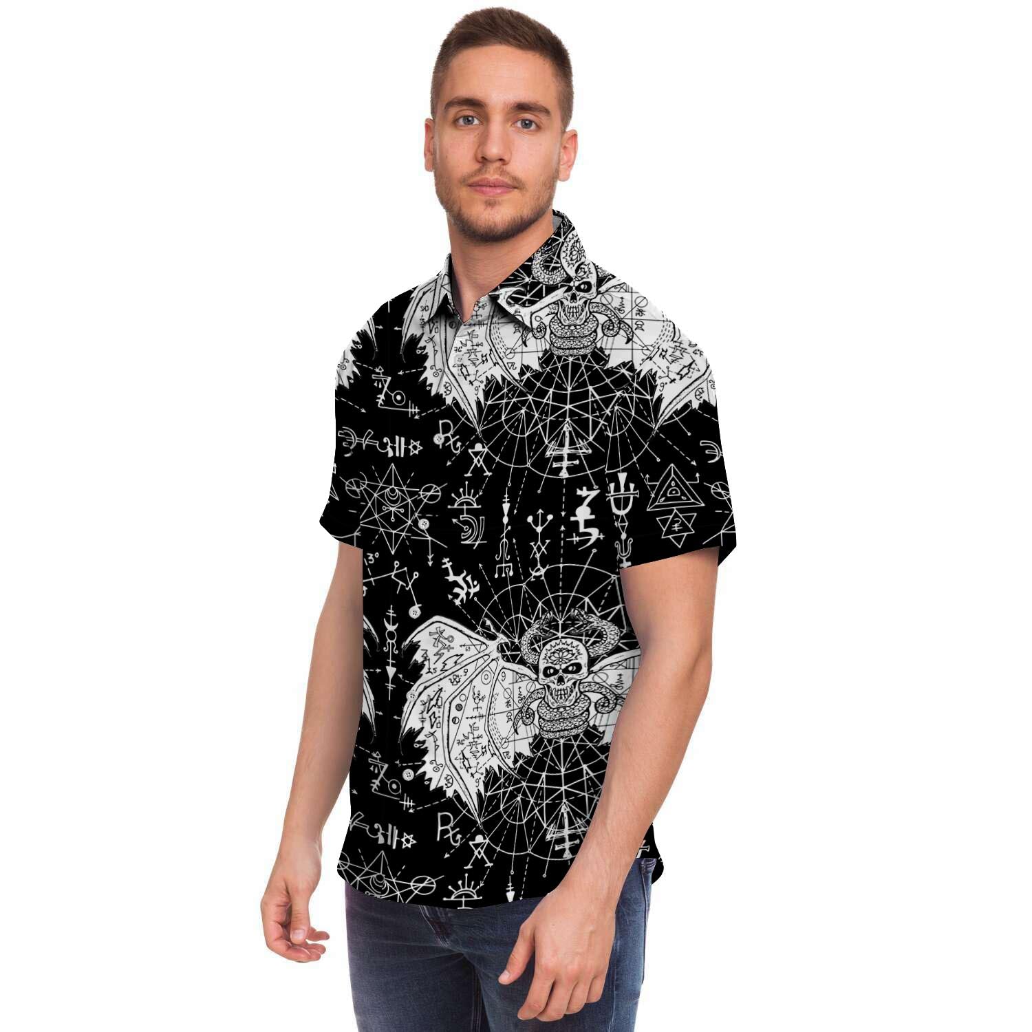 Satanic Demon Gothic Witch Men Print Short Sleeve Button-Up Shirts