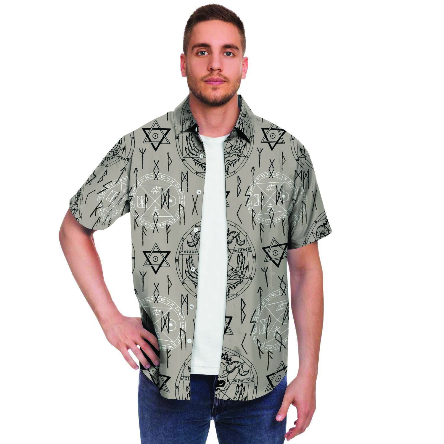 Satanic Devil Gothic Witch Men Print Short Sleeve Button-Up Shirts