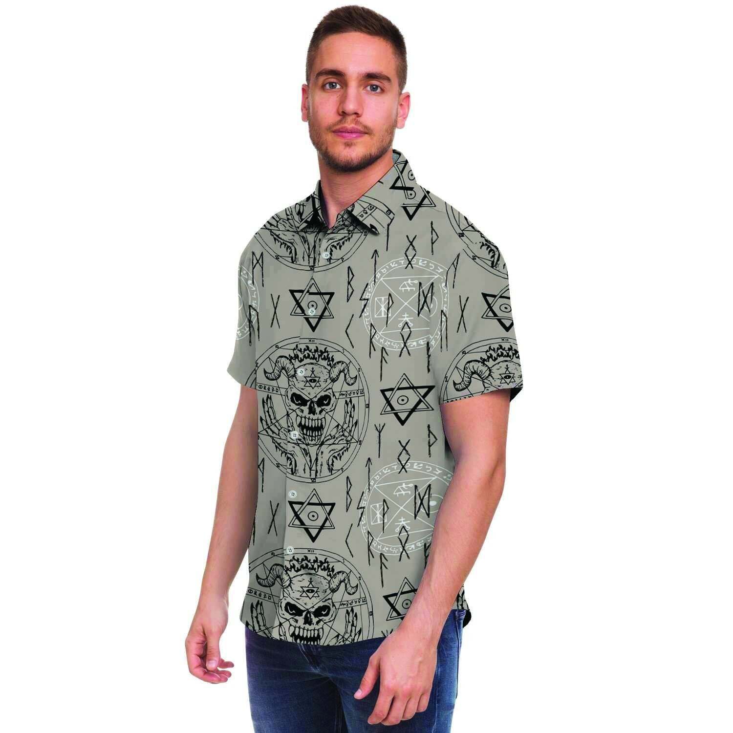 Satanic Devil Gothic Witch Men Print Short Sleeve Button-Up Shirts