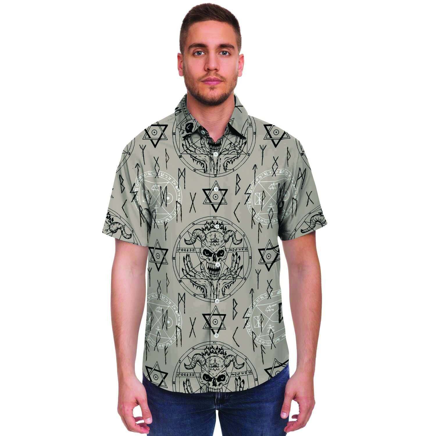Satanic Devil Gothic Witch Men Print Short Sleeve Button-Up Shirts