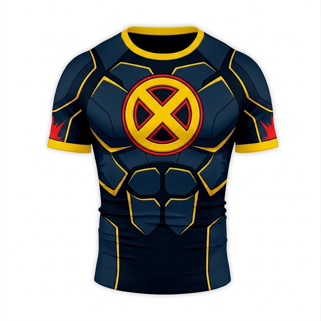 Scott Summers x men Cyclops Superhero Neon Synthwave Angular Vector Blue And Gold Short Sleeve Compression Shirt