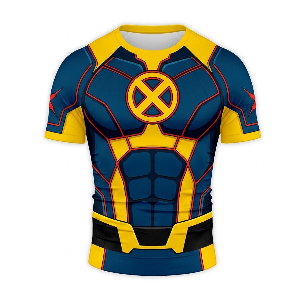 Scott Summers x men Cyclops Superhero Void Walker Hexagonal Mesh Blue And Gold Short Sleeve Compression Shirt