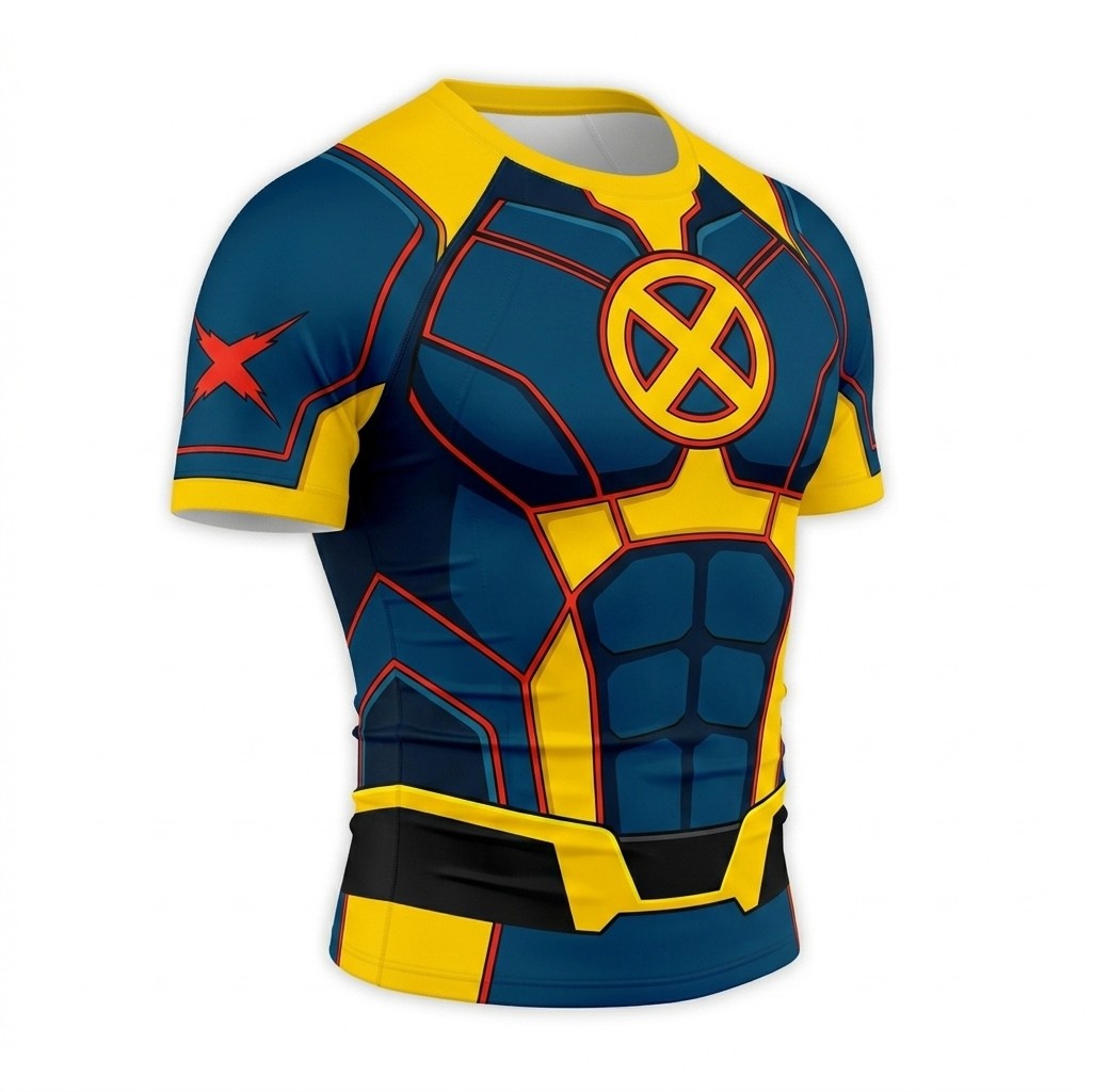 Scott Summers x men Cyclops Superhero Void Walker Hexagonal Mesh Blue And Gold Short Sleeve Compression Shirt