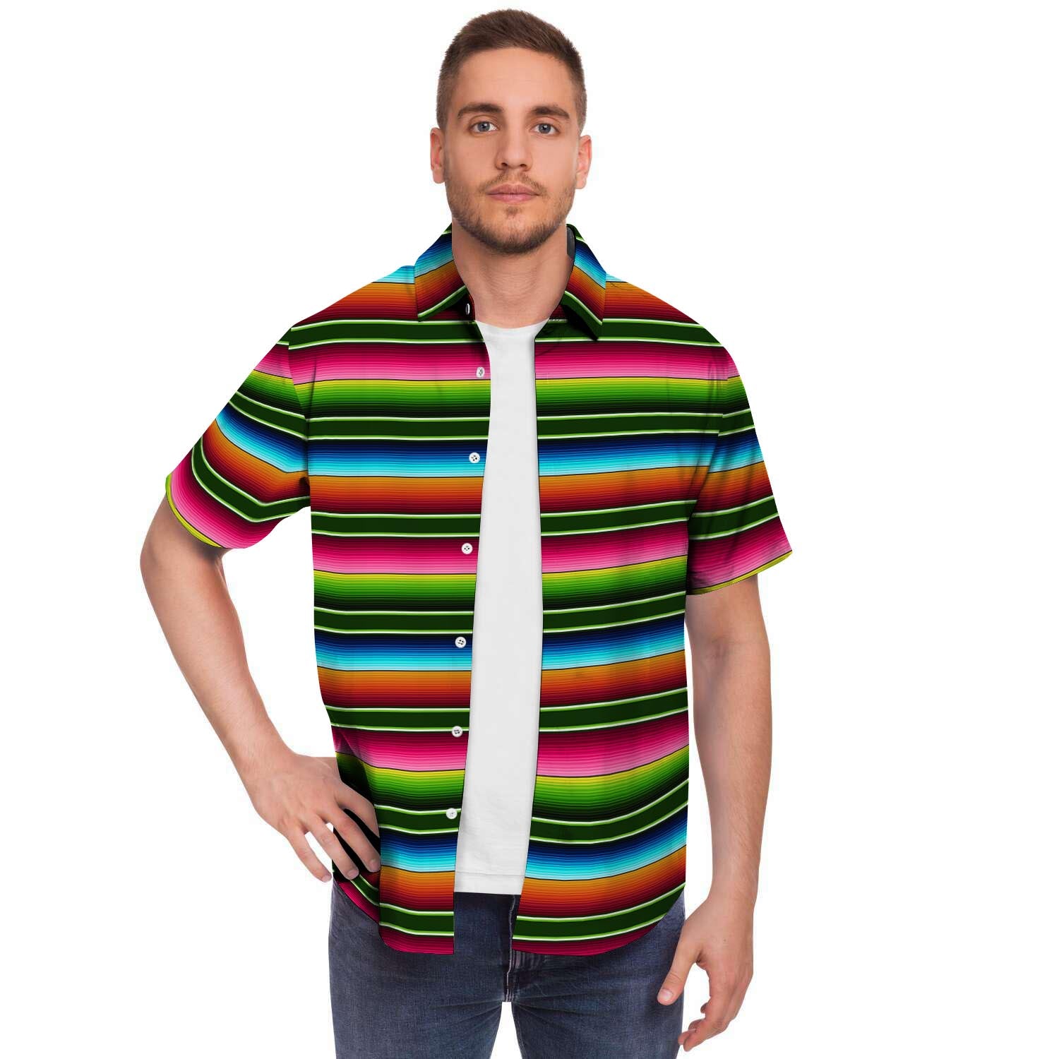 Serape Baja Mexican Men Print Short Sleeve Button-Up Shirts
