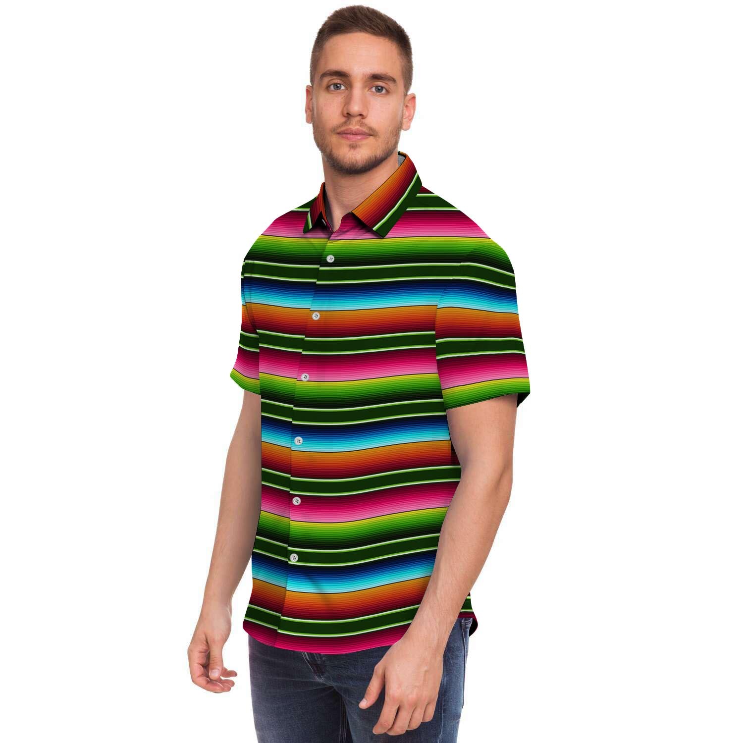Serape Baja Mexican Men Print Short Sleeve Button-Up Shirts