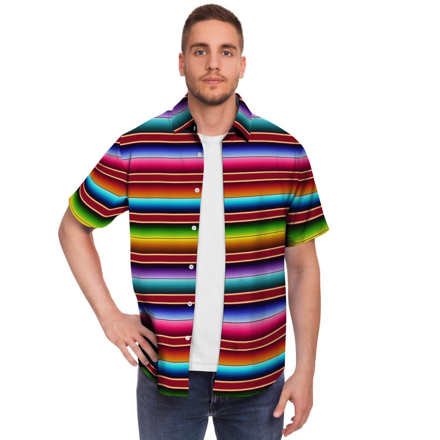 Serape Baja Print Men Print Short Sleeve Button-Up Shirts