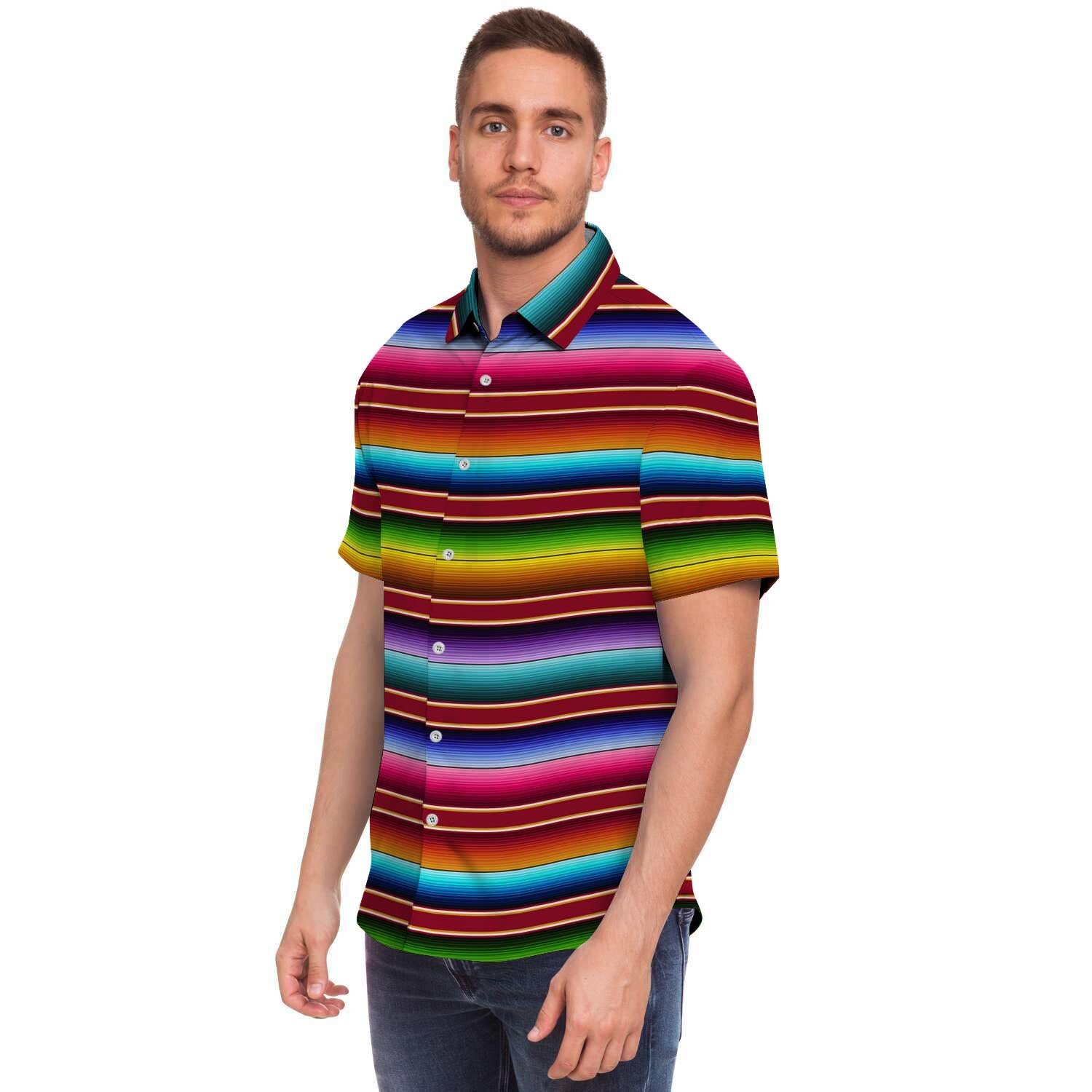 Serape Baja Print Men Print Short Sleeve Button-Up Shirts