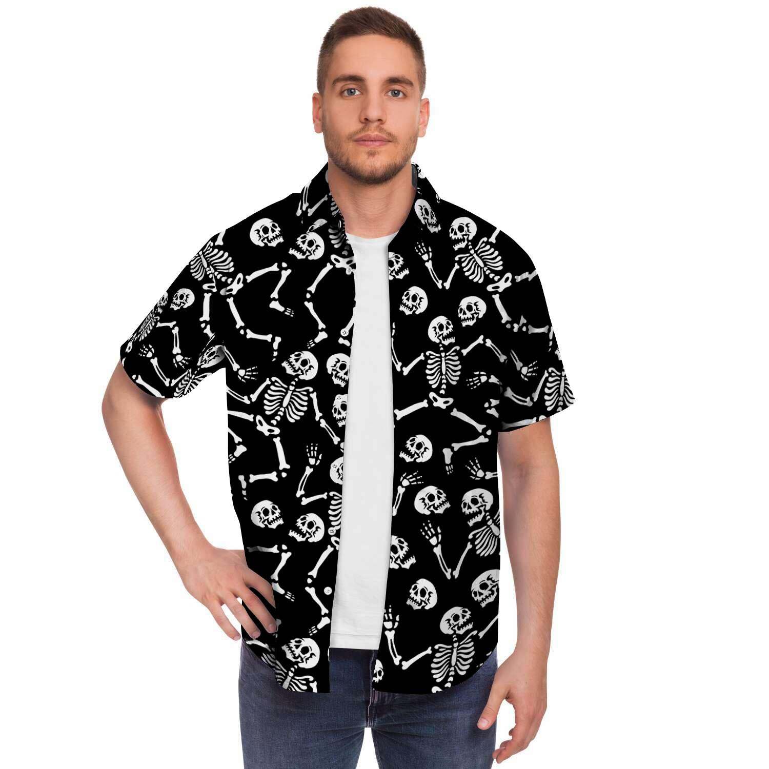 Skeleton Dancing Halloween Men Print Short Sleeve Button-Up Shirts