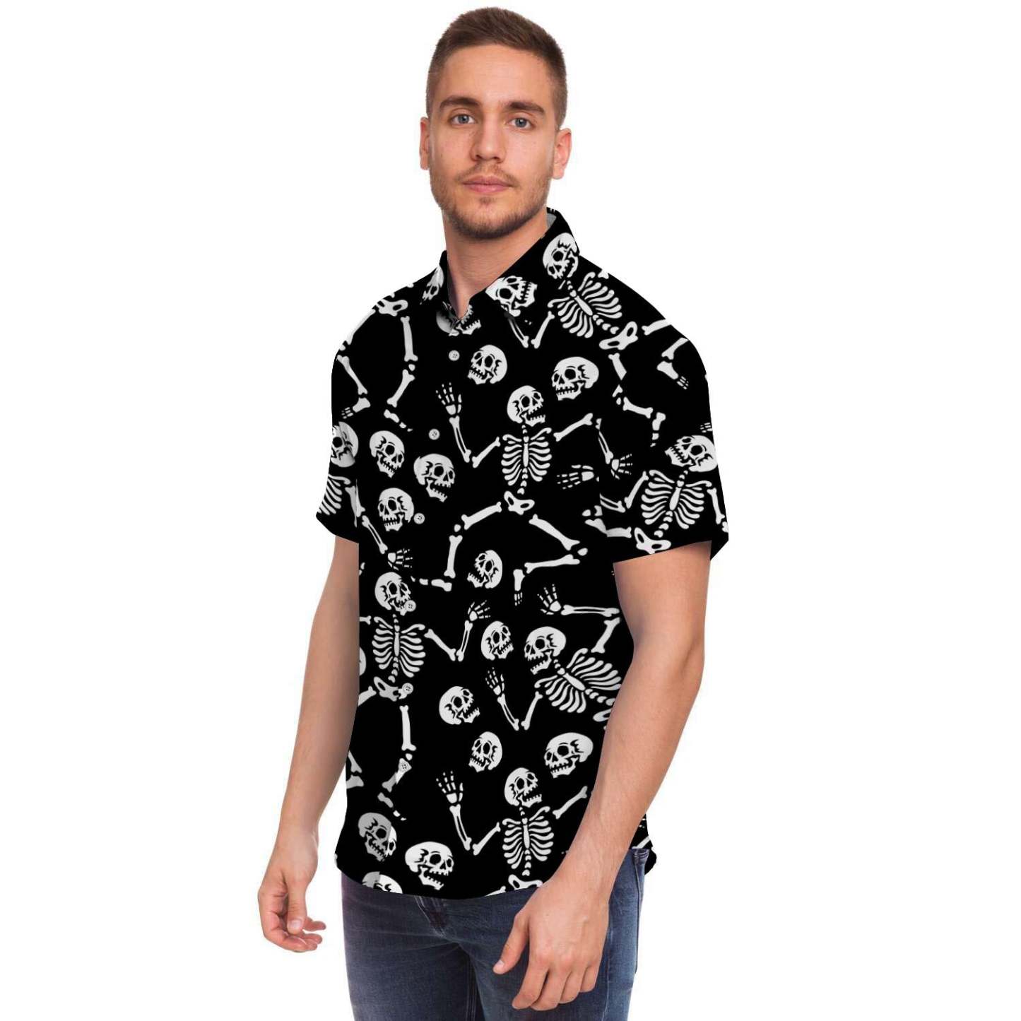 Skeleton Dancing Halloween Men Print Short Sleeve Button-Up Shirts
