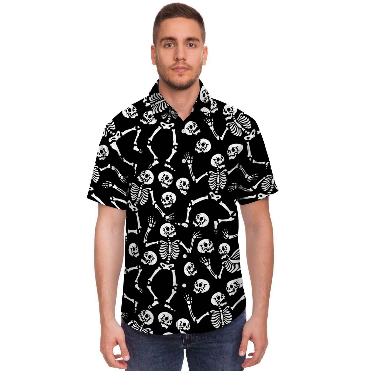 Skeleton Dancing Halloween Men Print Short Sleeve Button-Up Shirts