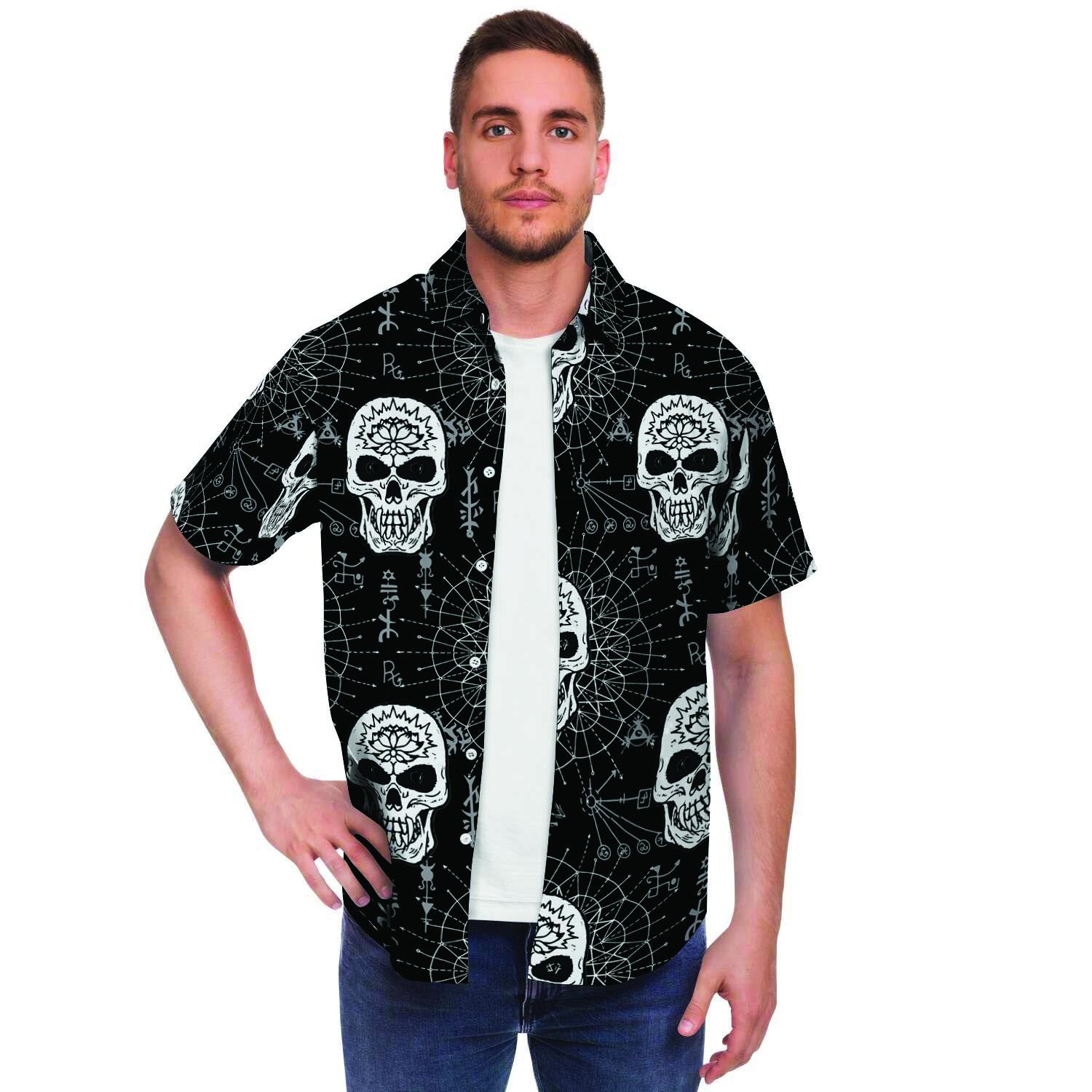 Skull Gothic Witch Men Print Short Sleeve Button-Up Shirts