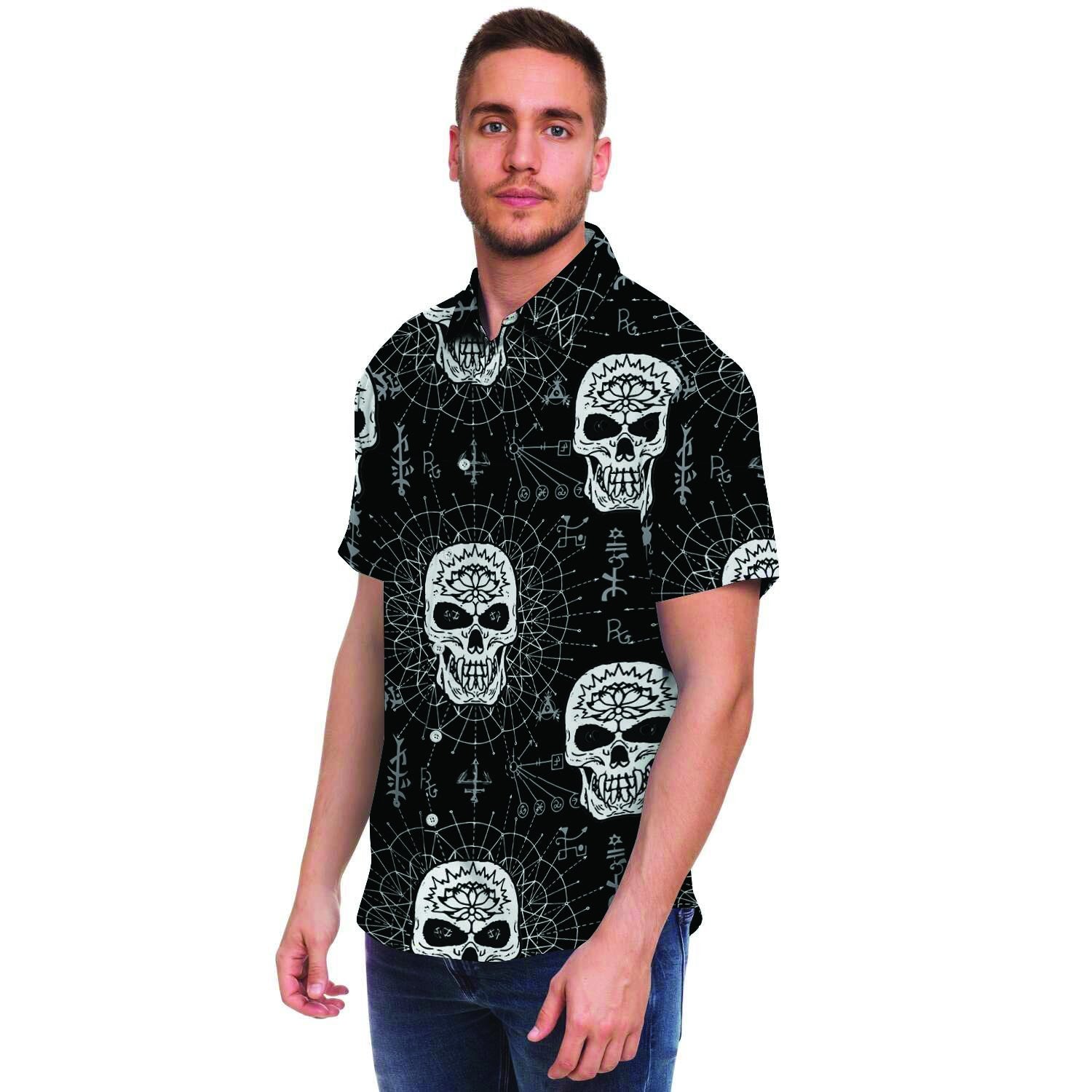 Skull Gothic Witch Men Print Short Sleeve Button-Up Shirts