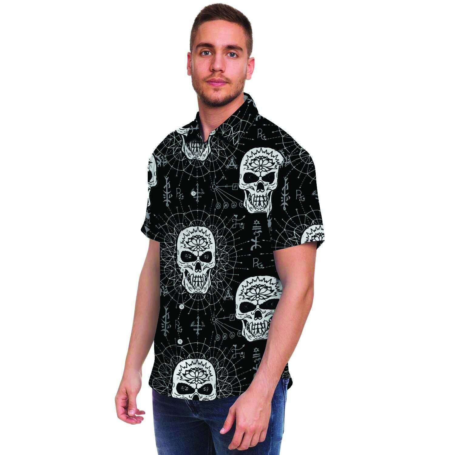 Skull Gothic Witch Men Print Short Sleeve Button-Up Shirts