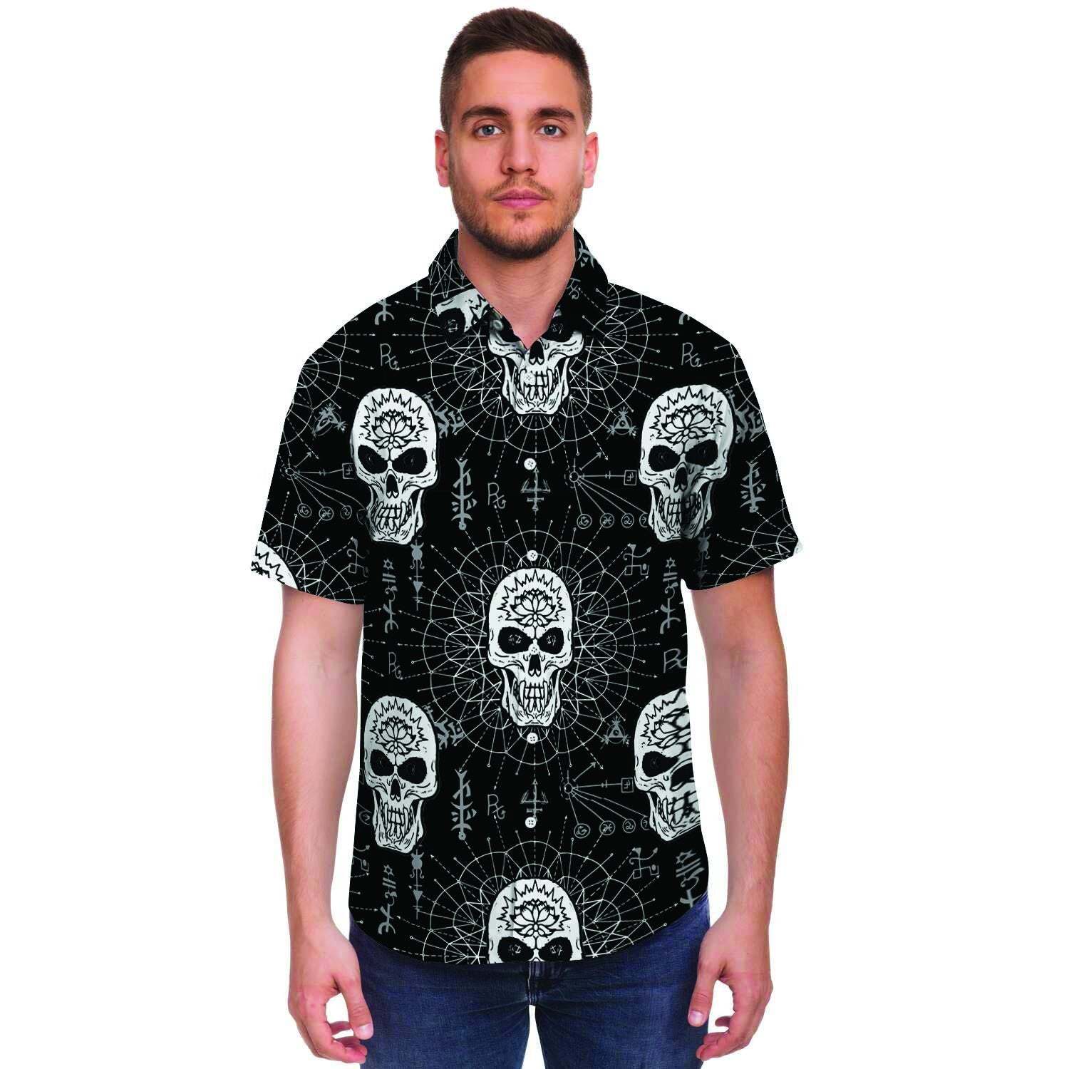 Skull Gothic Witch Men Print Short Sleeve Button-Up Shirts