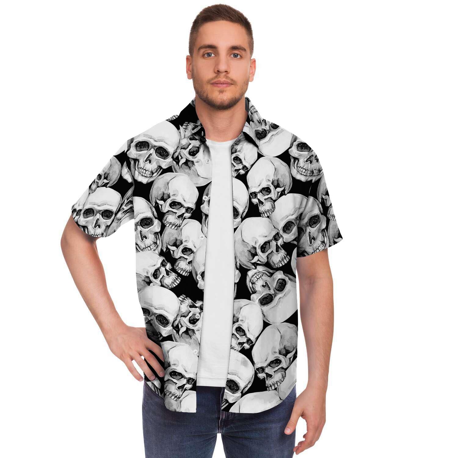 Skull Men Print Short Sleeve Button-Up Shirts