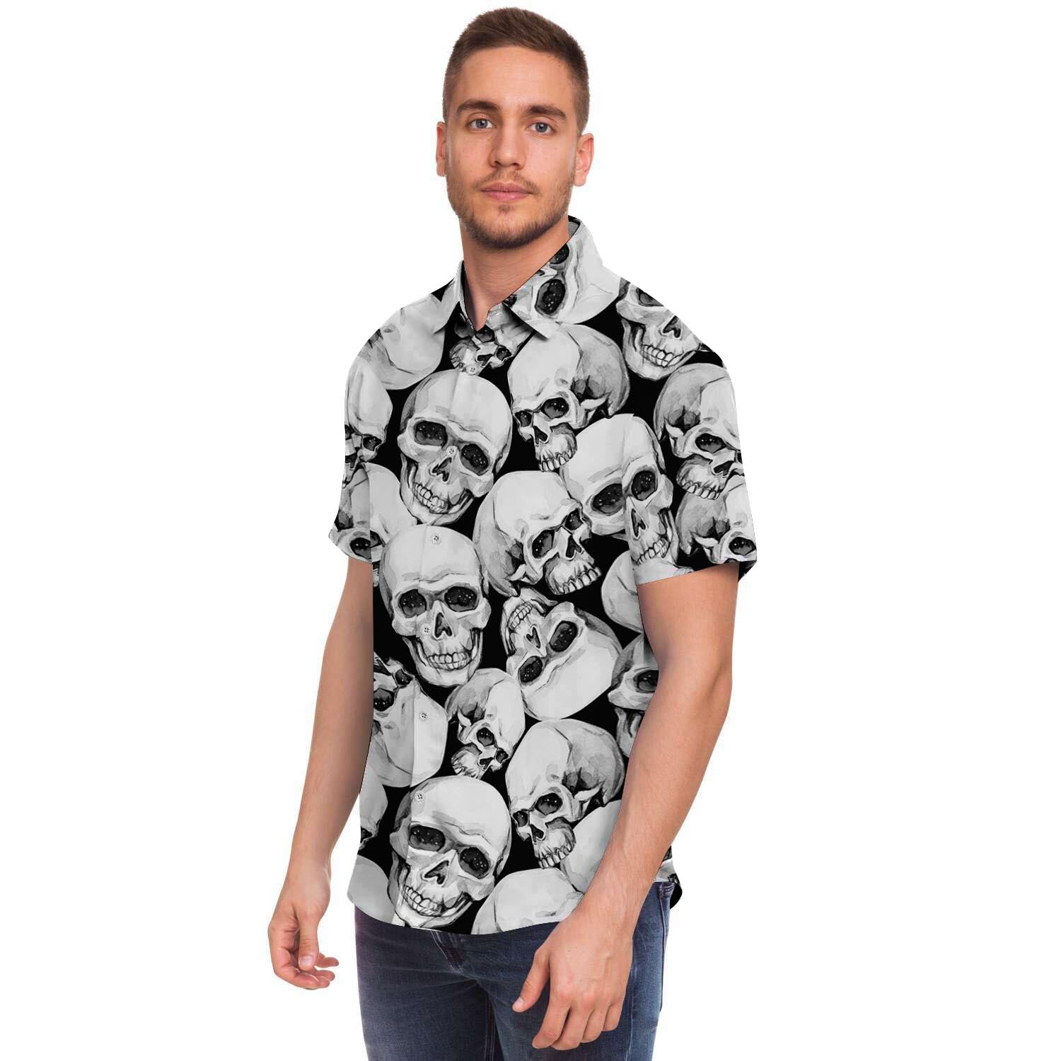 Skull Men Print Short Sleeve Button-Up Shirts
