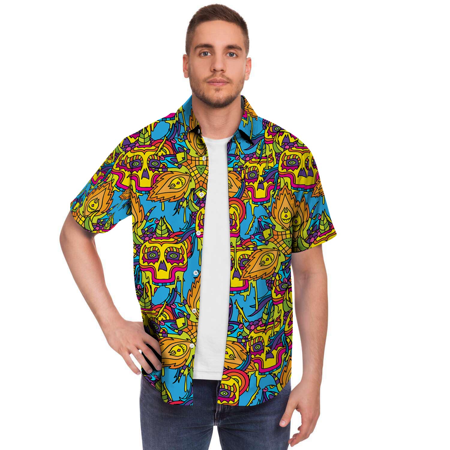Skull Trippy Psychedelic Men Print Short Sleeve Button-Up Shirts