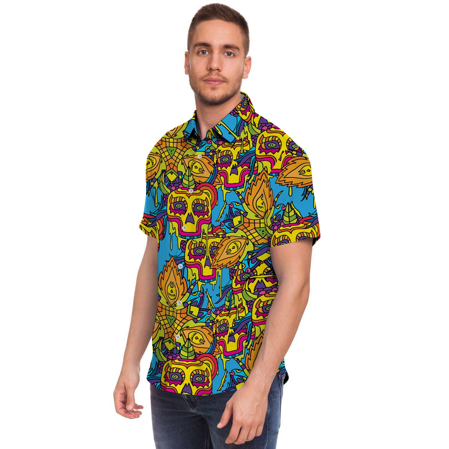 Skull Trippy Psychedelic Men Print Short Sleeve Button-Up Shirts