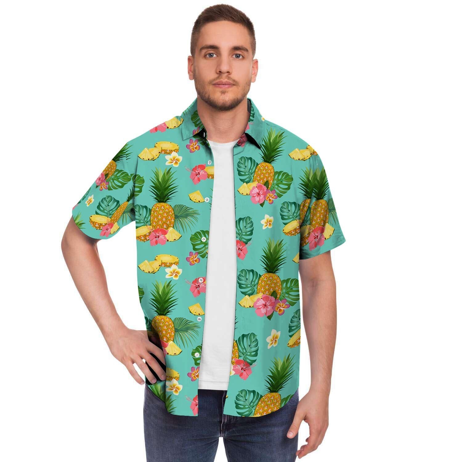 Slice Tropical Pineapple Print Men Print Short Sleeve Button-Up Shirts